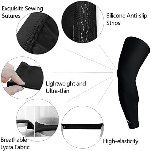 Kuangmi Full Leg Compression Sleeves Knee Braces Pain Relief for Cycling Running Marathon Basketball 1 Pair (Black, M)
