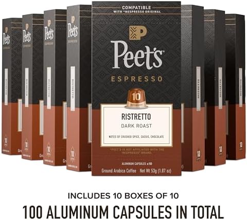 Peet's Coffee, Dark Roast Espresso Capsules, Compatible with Nespresso Original Machine, 100% Arabica Coffee - Ristretto Intensity 10, 100 Count (10 Boxes of 10 Espresso Capsules)