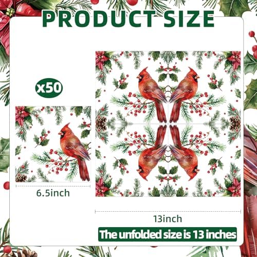 50 Count Christmas Paper Napkins, Disposable Holiday Cocktail Napkins with Cardinal, Holly, and Pine Design for Winter Parties, Xmas Dinner, Rustic Wedding, New Year, and Festive Table Decorations