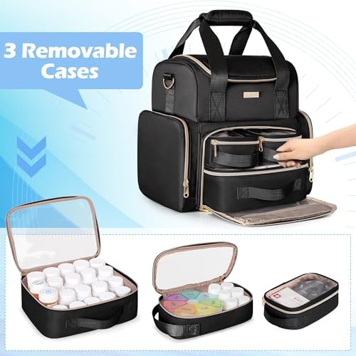 Large Medicine Organizer Bag, Pill Bottle Bag with 3 Portable Bags, Double-Layer Medication Case for Travel First Aid Home Storage, Black(Empty Bag Only)