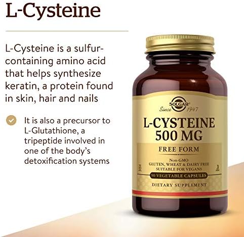 Solgar L-Cysteine 500 mg, 90 Vegetable Capsules - Free Form Amino Acid - Keratin Support for Skin, Hair & Nails - Glutathione Support - Vegan, Gluten Free, Dairy Free, Kosher - 90 Servings