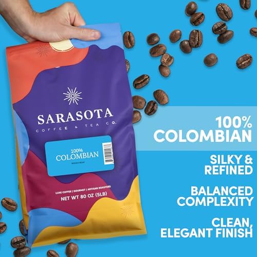5 lb Whole Bean Coffee, 100% Colombian Coffee, Colombia Excelso, Medium Roast, Low Acid, Specialty Grade, Mold Free, 80 oz
