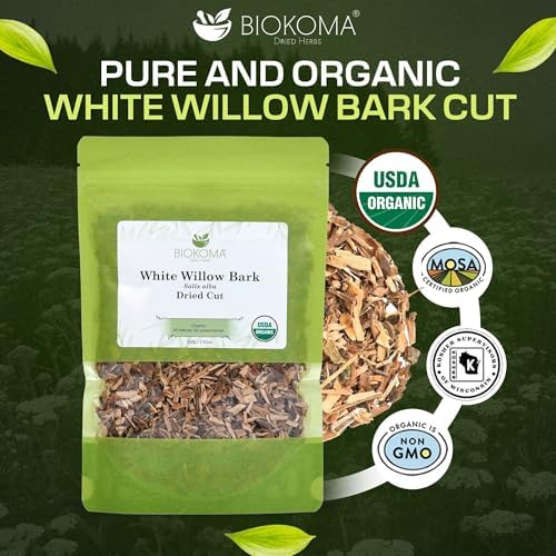 Biokoma Organic White Willow Bark Dried Cut 3.55 oz - Salix Alba Loose Herbal Tea - USDA Organic - Resealable Moisture Proof Pouch - No Additives - No Preservatives - Non GMO - Kosher
