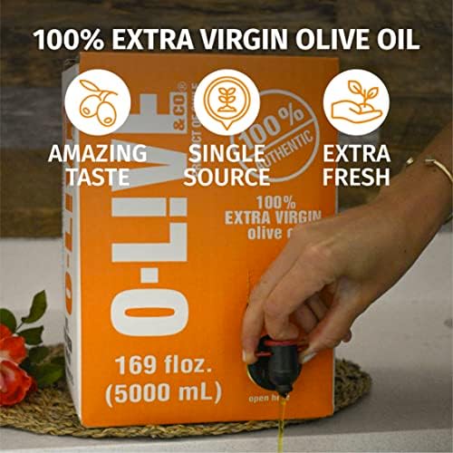 O-Live & Co. Extra Virgin Olive Oil - Bag-in-Box - 5L 169FlOz -Bulk - First Cold Pressed - Estate Grown and Bottled - Perfect for Salad Dressings, Marinades, Sauteing, Stir Frying, & Baking - NON-GMO - Kosher - Gluten Free