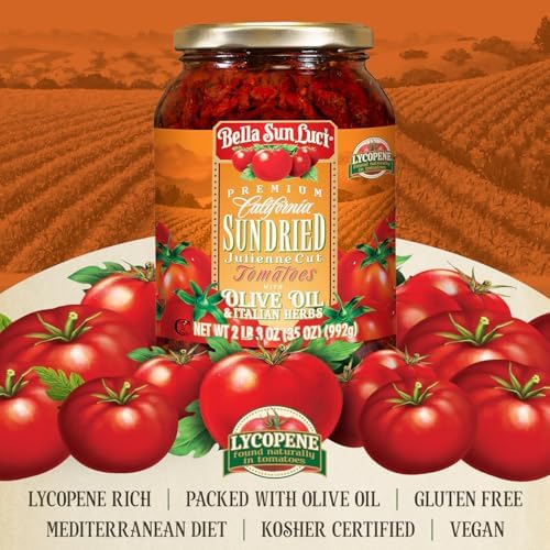 Bella Sun Luci Sun Dried Tomatoes Julienne Cut in Olive Oil, 35 Oz Glass Jar, Mediterranean Italian Style Sun-Ripened Tomatoes, Kosher, Vegan, Gluten-Free, Premium Pantry Ingredient for Pasta, Pizza & Salads