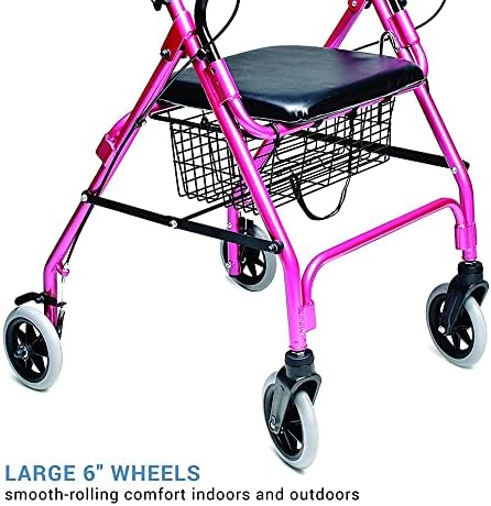 Lumex Walkabout Lite Rollator – Lightweight 14.5 lb. Rolling Walker with Seat for Seniors, Pink