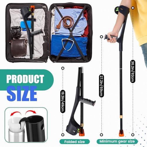 Geiserailie 2 Pcs Forearm Crutches for Adults, Folding Forearm Crutches Lightweight and Adjustable with Rubber Grips for Comfortable Grip, Aluminum Cane with Cuffs for Walking, Black