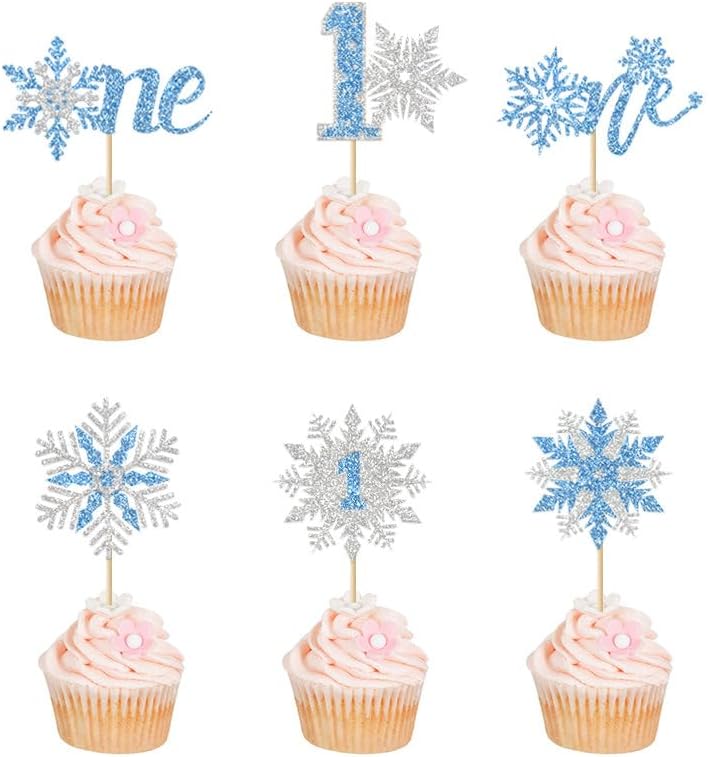 24Pcs Snowflake One Cupcake Toppers Blue Glitter Winter Snowflake 1st Birthday Cupcake Picks First Birthday Snowflake Cake Decorations for Winter Wonderland Baby Shower 1st Birthday Party Supplies