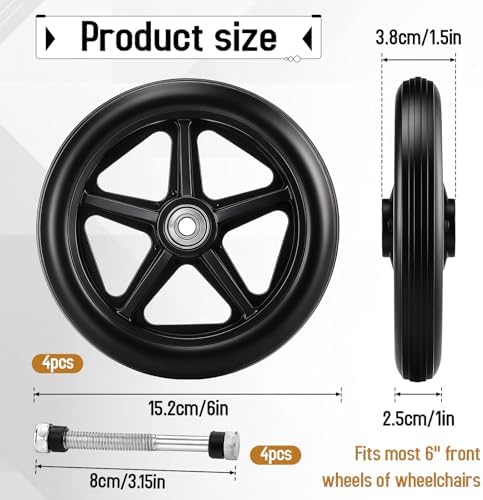 4 Pack Rubber Wheel Replacement, 6 Inch Solid Wheelchair Front Wheel with 4 Axles Rubber Rollator Wheels Replacement Anti-Slip Walker Caster Wheels Hub for Wheelchairs Rollators Walkers