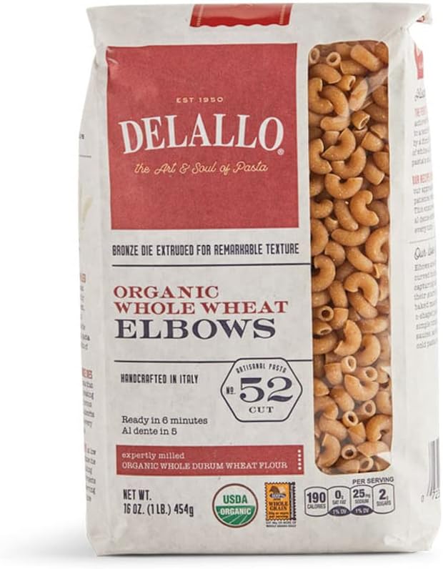 DeLallo Organic Whole Wheat Elbow Macaroni, 1lb Package, 8-Pack