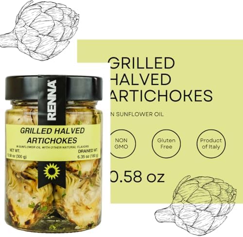 Renna, Grilled Roasted Halved Artichokes preserved in oil, 10.58 oz, Heart, Mediterranean flavor, Specialty Imported Food, Product of Italy