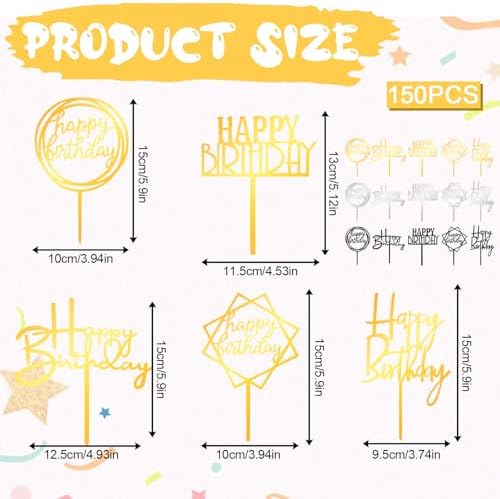 150pcs Gold Happy Birthday Cake Toppers Bulk Mirror Acrylic Cupcake Topper Double-Sided Dessert Decorations for Girls Women's Happy Birthday Sign for Cake Side Cupcake Decorations Party Supplies
