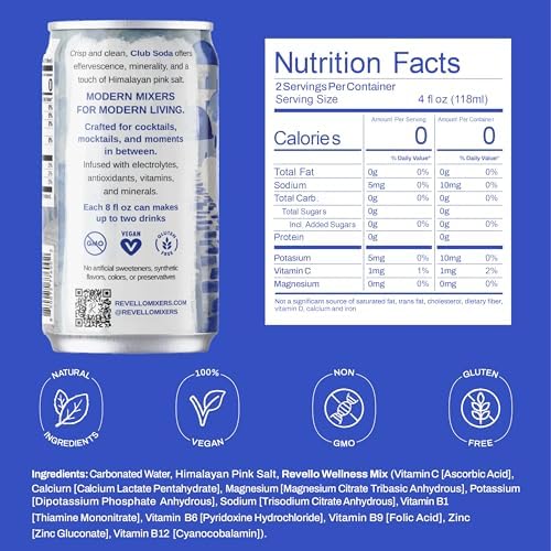 Revello Mixers Club Soda - Mixer Infused with Electrolytes, Antioxidants, Vitamins & Minerals - Low Sugar & Calories - Premium Beverage for Crafted Cocktails & Mocktails - 8 fl oz (Pack of 4)