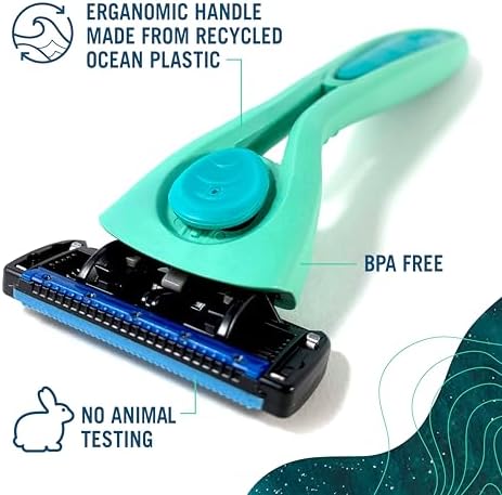 Preserve POPi Shave 5 Razor System Made with Recycled Ocean Plastic and 5-blade cartridge, Neptune Green