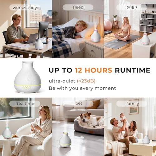 Aromatherapy Essential Oil Diffuser 550ml 12 Hours White Wood Grain Aroma Diffuser with Timer for Large Room, Home, Baby Bedroom, Waterless Auto Shut-Off, 7 Colors Lights Changing