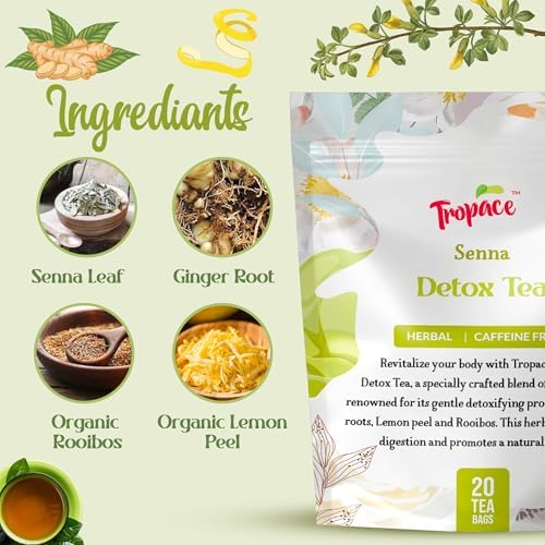 Tropace Senna Leaf Herbal Tea – Caffeine-Free, 20 Tea Bags Infused with Senna, Ginger, Rooibos & Lemon Peel – Rooted in Africa, Packed in USA, 1.8 oz (50g)