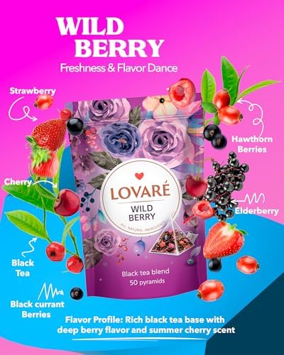 LOVARE Wild Berry Tea Pouch - Pyramid Tea Bags 50 Pack x 2 g - Made in Ukraine - Doypack with Black Tea, Cherry, Roses, Hawthorn, Elderberry, Black Currant, Strawberry - Flavored Tea Pyramid Bags