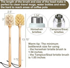Bottle Brushes with Natural Bristles, 13-3/4 Inch Long Wood Handle Bottle Brush Cleans and Scrubs Wide Mouth Jars, Glasses, Vases, Mugs and Pitchers, Sisal + Horsehair Bristles 2 Pack