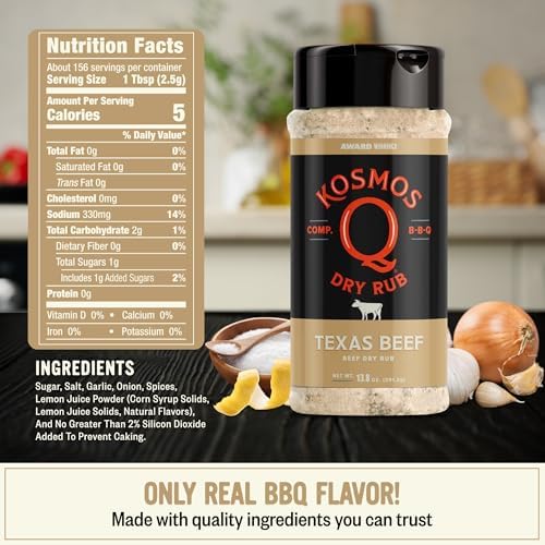 Kosmos Q Texas Beef Dry Rub, Steak Seasoning with Garlic, Onion, Lemon & Savory Spices for Steak, Beef Ribs, Brisket, Burgers, Chuck Roast, Dry Rub for Smoking & Grilling Meat, 13.8 Oz Shaker Bottle