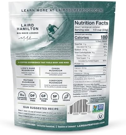 Laird Superfood Matcha Instant Latte with Adaptogens - Matcha Latte Green Tea Powder Packed with Antioxidants and Superfood Coconut Creamer - Gluten Free, Non-GMO, Vegan, 8 oz. Bag, Pack of 1