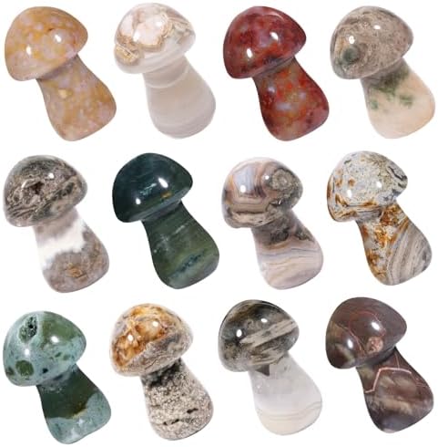 Rockcloud Set of 2 Ocean Jasper Crystal Mushroom Pocket Stones, Hand Carved Collectible Statue Figurine for Reiki Healing Home Office Decor, Brown