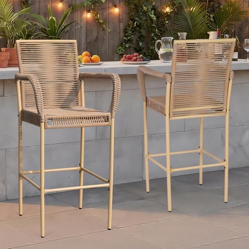 Outdoor Counter Bar Stools Set of 2, 30" Height Patio Rattan Stools, All-Weather Wicker Chairs with Armrests & Footrests for Poolside Backyard Front Porch Deck Garden Kitchen, Yellow