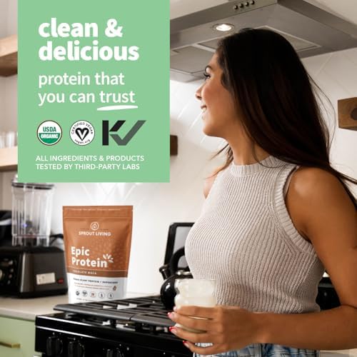 Sprout Living Epic Protein, Plant Based Protein & Superfoods Powder, Chocolate Maca Powder | 20 Grams Organic Protein Powder, Vegan, Non Dairy, Non-GMO, Gluten Free, Low Sugar (1 Pound, 12 Servings)