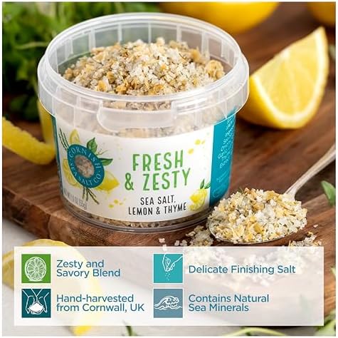 Cornish Sea Salt Fresh & Zesty Seasoning| Sea Salt Flakes w. Lemon & Thyme | Hand-Harvested in Cornwall, England | 1.9 oz Resealable Tub (Pack of 1)