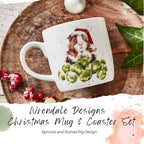 Royal Worcester Wrendale Designs Christmas Sprouts 11 Oz Mug & Coaster Set, Fine Bone China Coffee Mug with Guinea Pig in Santa Hat, Dishwasher & Microwave Safe - Festive Gift for Animal Lovers