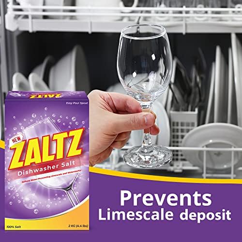 Zaltz Dishwasher Salt - Water Softener, Cleaner, Rinse Aid With Easy Pour Spout - Real Salt For Dishwashers, 4.4 lb Box