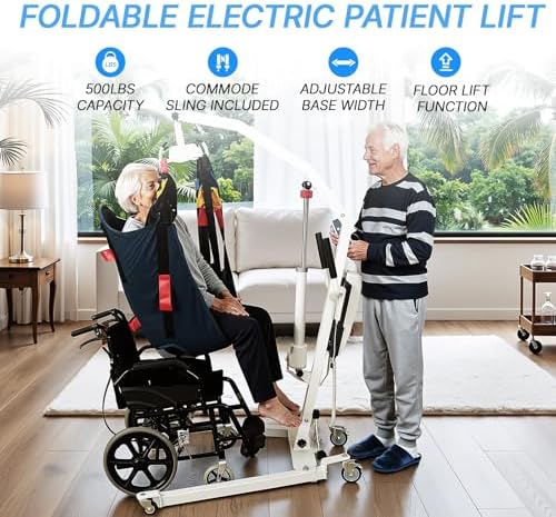 Electric Patient Lift, Foldable Patient Lift for Home Use, Portable Electric Patient Transfer Lift, 500lbs Electric Body Transfer Lift w/Commode Sling, Installation Free,Emergency Stop
