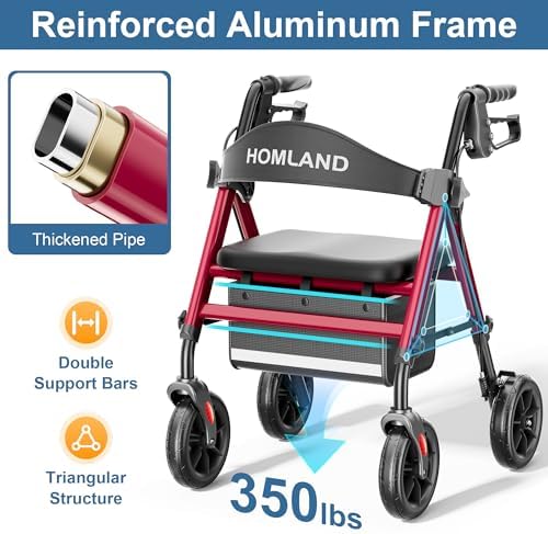 HOMLAND Rollator Walker for Seniors with Seat, Foldable Lightweight Aluminum Rolling Walker with 8" All-Terrain Wheels, Adjustable Height, Storage Bag & Hand Brakes, Ergonomic Indoor Outdoor Aid