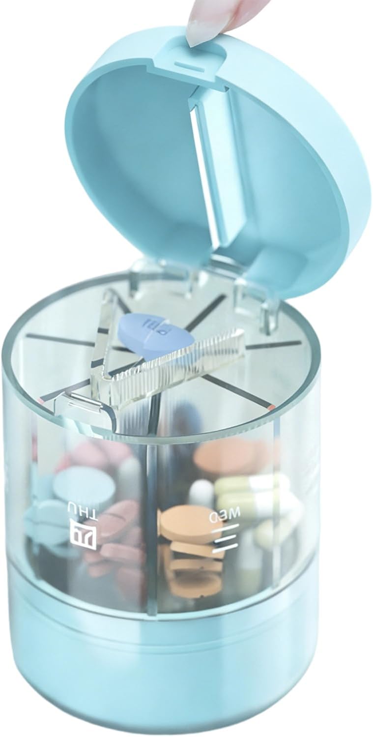 7 Day Weekly Travel Pill Box, 2-in-1 Travel Medicine Organizer and Pill Cutter for Home and Travel (Blue,1 Pack)
