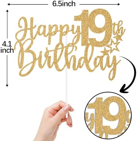 Gold Glitter Happy 19th Birthday Cake Topper, Cheers to 19 Years/Hello 19/Level 19 Unlocked, Funny 19th Birthday Party Decorations for Adult Boys Girls