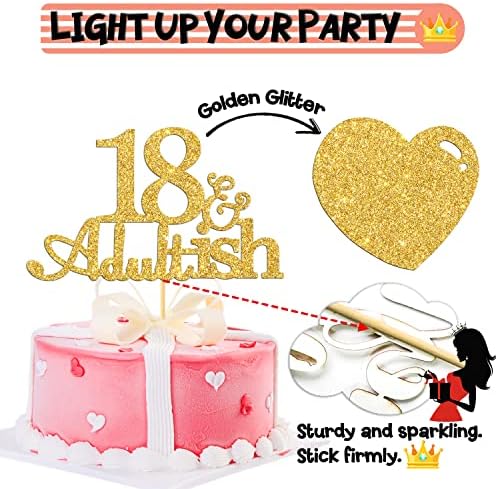 Gold Glitter 18 and Adultish Cake Topper for Eighteen Birthday Party, Time To Adult Cake Decorations, 18th Birthday Party Decorations for Girls Boys