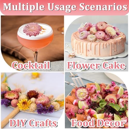 90+ Food Grade Pink Flowers for Cake and Cocktails Decorating – Culinary-Grade Dried Pink & White Strawflowers for Garnish, Baking, and Drink Toppers
