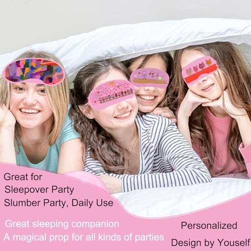 22 PCS Sleepover Party Supplies, 12 PCS Sleep Eye Masks Blindfold Slumber Eye Covering with 2 Sheets Self-Adhesive Heart Rhinestones Gems&8 PCS Fabric Marker Pens, Pink