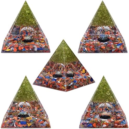 Amogeeli Peridot Crystal Tree of Life Orgone Crystal Pyramid with Glass Sphere, Healing Stone Orgonite Pyramid for Meditation Reiki Yoga Home Decoration