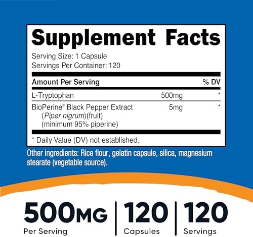 Nutricost L-Tryptophan 500mg, 120 Capsules - with BioPerine, Gluten Free, Non-GMO