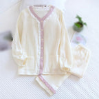 Women's Cotton Lace V-Neck Solid Pajamas Loose Long Sleeve Trouser Suits Home Clothes 2 Piece Set