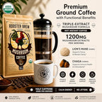 Premium Coffee + Focus & Energy with 1200mg Lion’s Mane & Chaga, Organic Mushroom Coffee (Not Instant), Organic Medium Roast Ground Arabica, Low Caffeine & Low Acid, 10oz – Rooster Brew