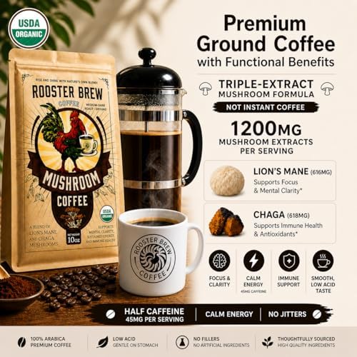 Premium Coffee + Focus & Energy with 1200mg Lion’s Mane & Chaga, Organic Mushroom Coffee (Not Instant), Organic Medium Roast Ground Arabica, Low Caffeine & Low Acid, 10oz – Rooster Brew