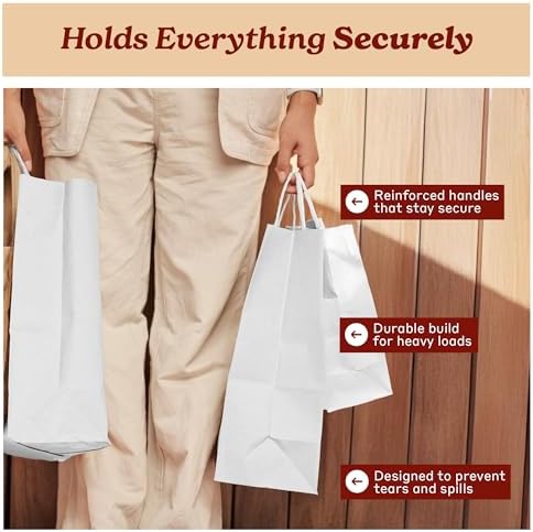PTP BAGS White 10" x 7" x 12" Bistro Bags, White Paper Bags with Handles [Pack of 250] Recyclable Kraft Paper Gift, Food Service Bag