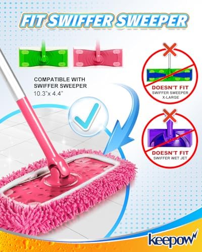KEEPOW Pink Reusable Dry Sweeping Cloths Microfiber Wet Mop Pads Compatible with Swiffer Sweeper Mop Replacement Sweeping Mopping pad Refills for Hardwood Surface Floor Cleaning (4PCS)