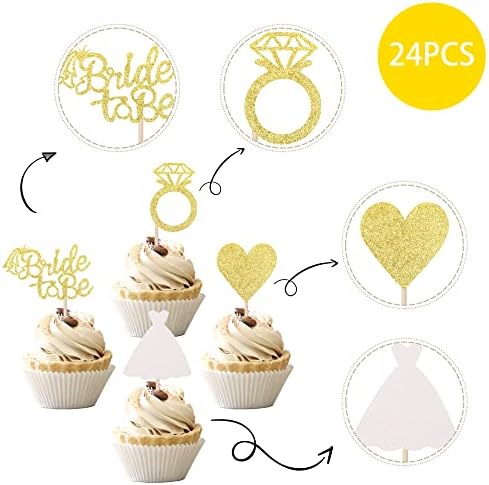 24 PCS Bride to Be Cupcake Toppers with Glitter Heart Ring Dress Bridal Shower Cupcake Picks Decorations for Wedding Engagement Bachelorette Party Supplies Gold