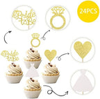 24 PCS Bride to Be Cupcake Toppers with Glitter Heart Ring Dress Bridal Shower Cupcake Picks Decorations for Wedding Engagement Bachelorette Party Supplies Gold
