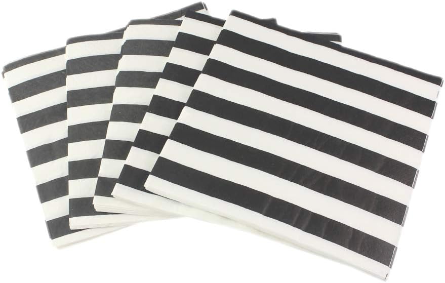 Paper Napkins White Black Stripes, Decorative Dinner Luncheon Napkins for Party Events 100count, folded 6.5” x 6.5”, unfolded 13” x 13”