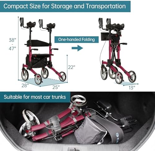 ELENKER Upright Rollator Walker, Stand Up Rolling Walker, Mobility Walking Aid with 10” Front Wheels, Seat and Armrest for Seniors and Adults, Red