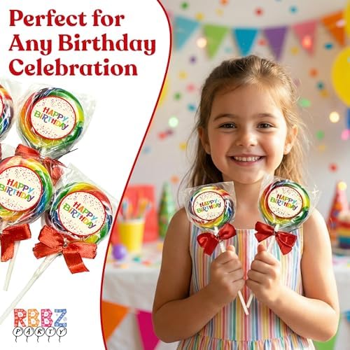 Happy Birthday Candy Lollipops - 24 Individually Wrapped Colorful Swirl Suckers - Great for Kids Goodie Bags, Bulk Birthday Party Favors
