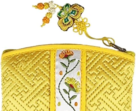 Seoulful Vintage Korean Embroidered Card Pouch - Wildflower Design Coin Purse with Butterfly Charm - Traditional Korean New Year's Gifts (Yellow)